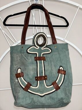NWOT Mona B Green Canvas Tote with Brown Leather Handles and Anchor Appliqué